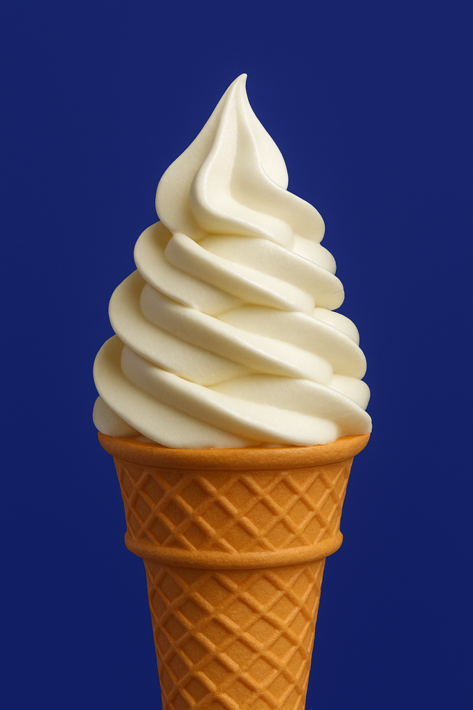 Sorvete soft de baunilha perfeito em casquinha crocante.