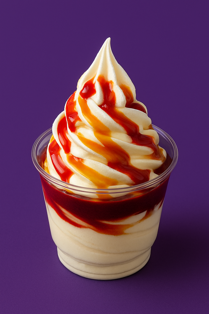 Frozen yogurt cremoso com cobertura de calda.