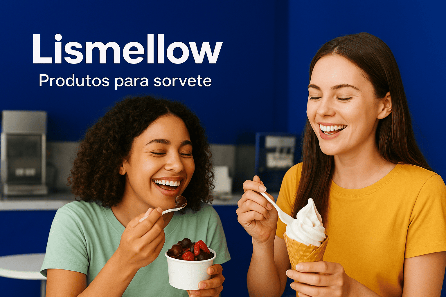 Variedade de produtos da Lismellow para toda a família. Sorvete soft, taças de açaí e milkshakes.